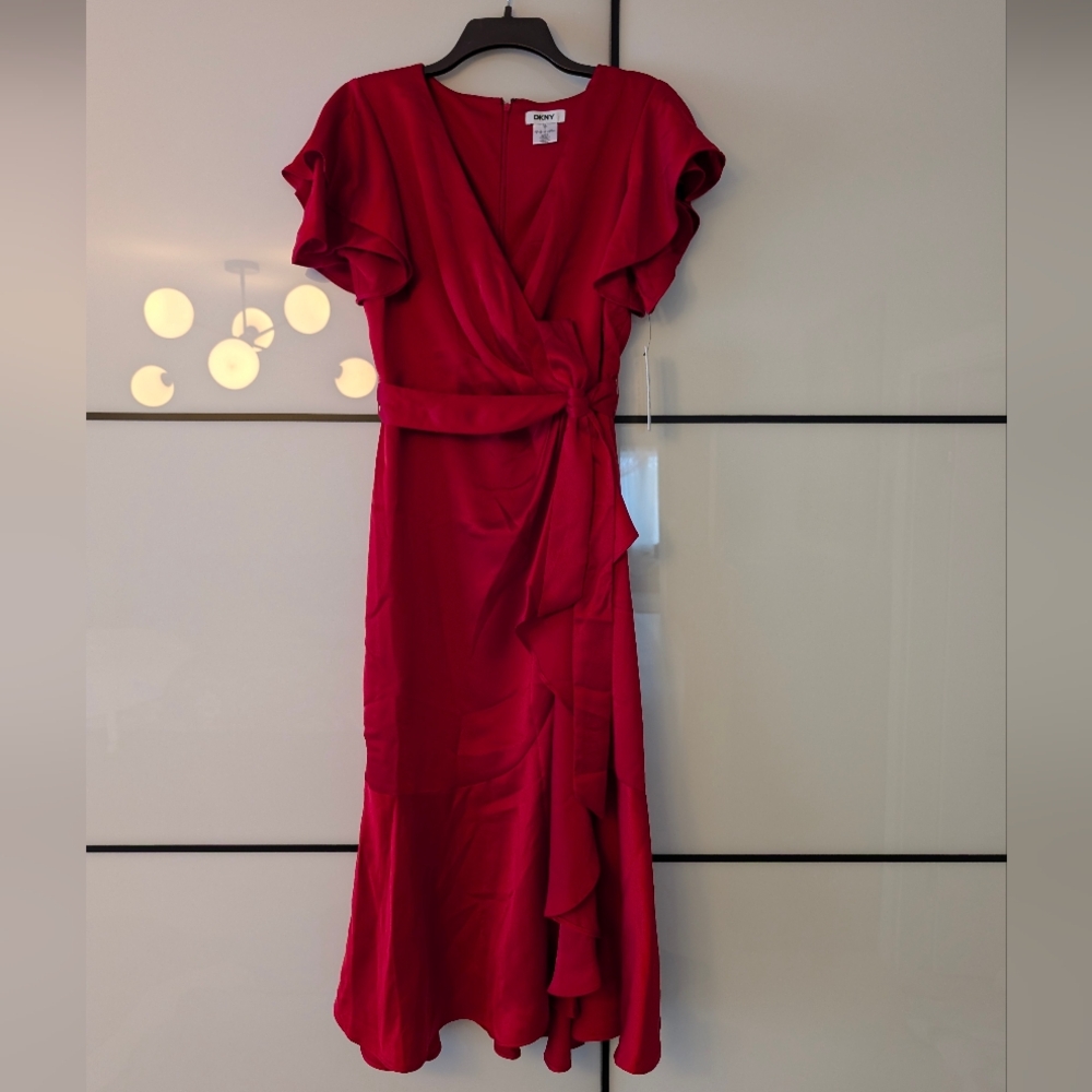 DKNY Vibrant Scarlet Red Ruffle Midi Dress Sz 8
